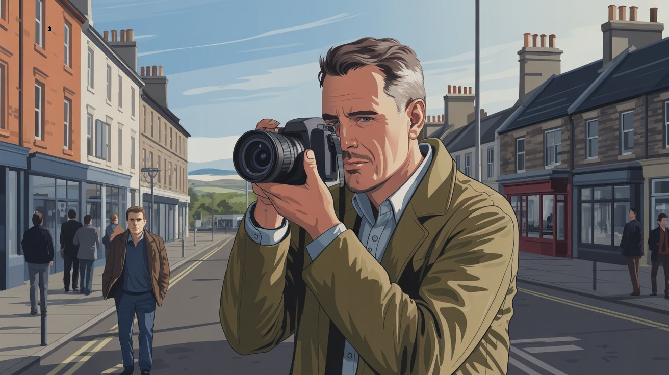 illustrierte Szene eines Privatdetektivs mit Kamera in Ayr (Schottland, Vereinigtes Königreich); Detektiv Ayr (Schottland, Vereinigtes Königreich), Detektei Ayr (Schottland, Vereinigtes Königreich), Privatdetektiv Ayr (Schottland, Vereinigtes Königreich), Privatdetektei Ayr (Schottland, Vereinigtes Königreich)