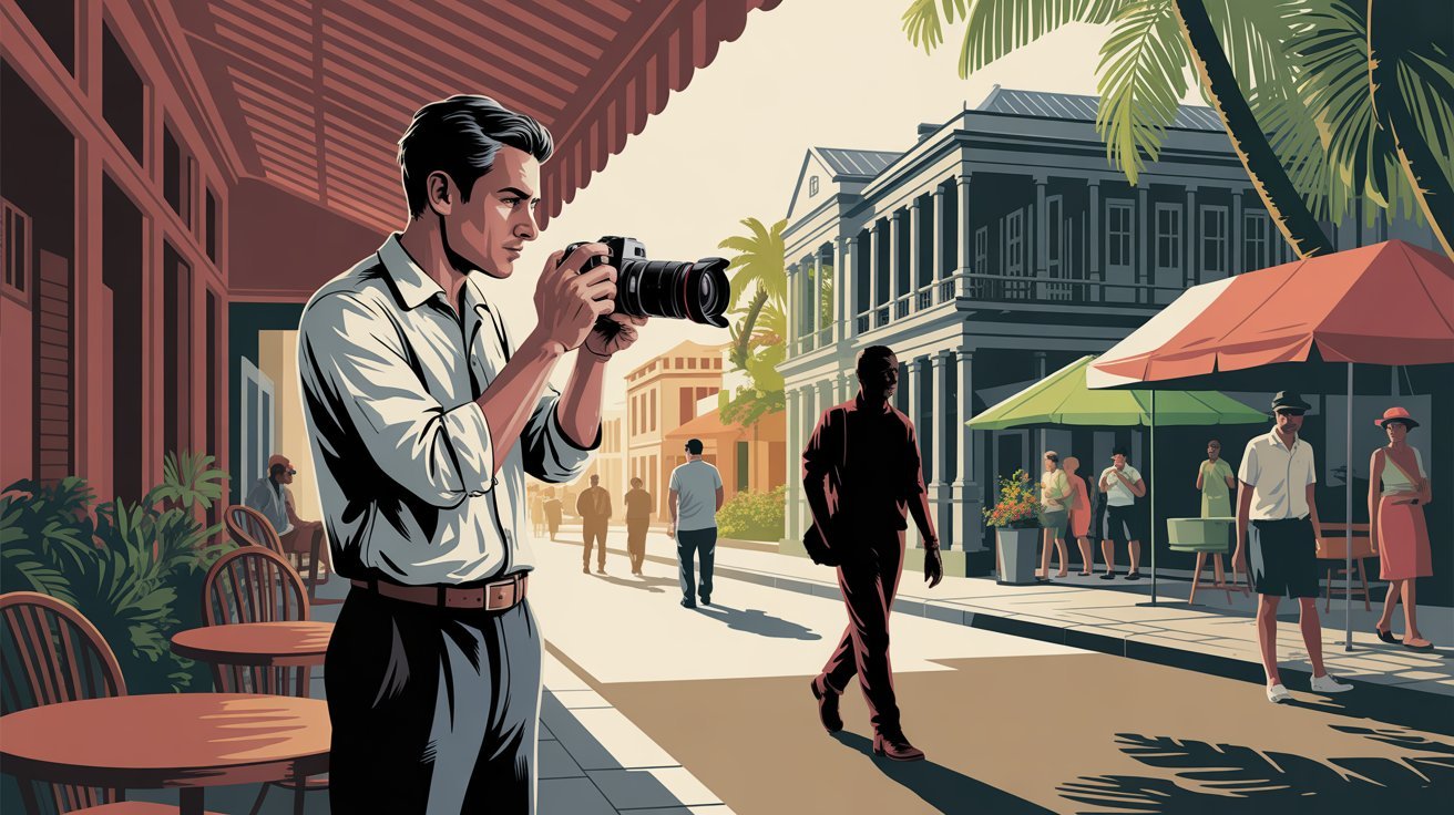 Comic-style detective with camera in Mauritius; detective Mauritius, detective agency Mauritius, private investigator Mauritius, private detective agency Mauritius