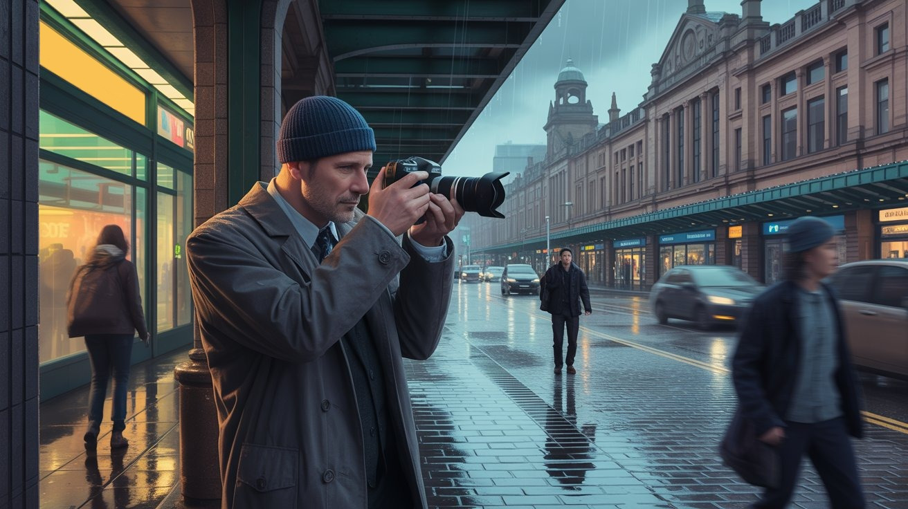 illustrierte Szene eines Privatdetektivs mit Kamera in Paisley (Schottland, Großbritannien); Detektiv Paisley (Schottland, Großbritannien), Detektei Paisley (Schottland, Großbritannien), Privatdetektiv Paisley (Schottland, Großbritannien), Privatdetektei Paisley (Schottland, Großbritannien)