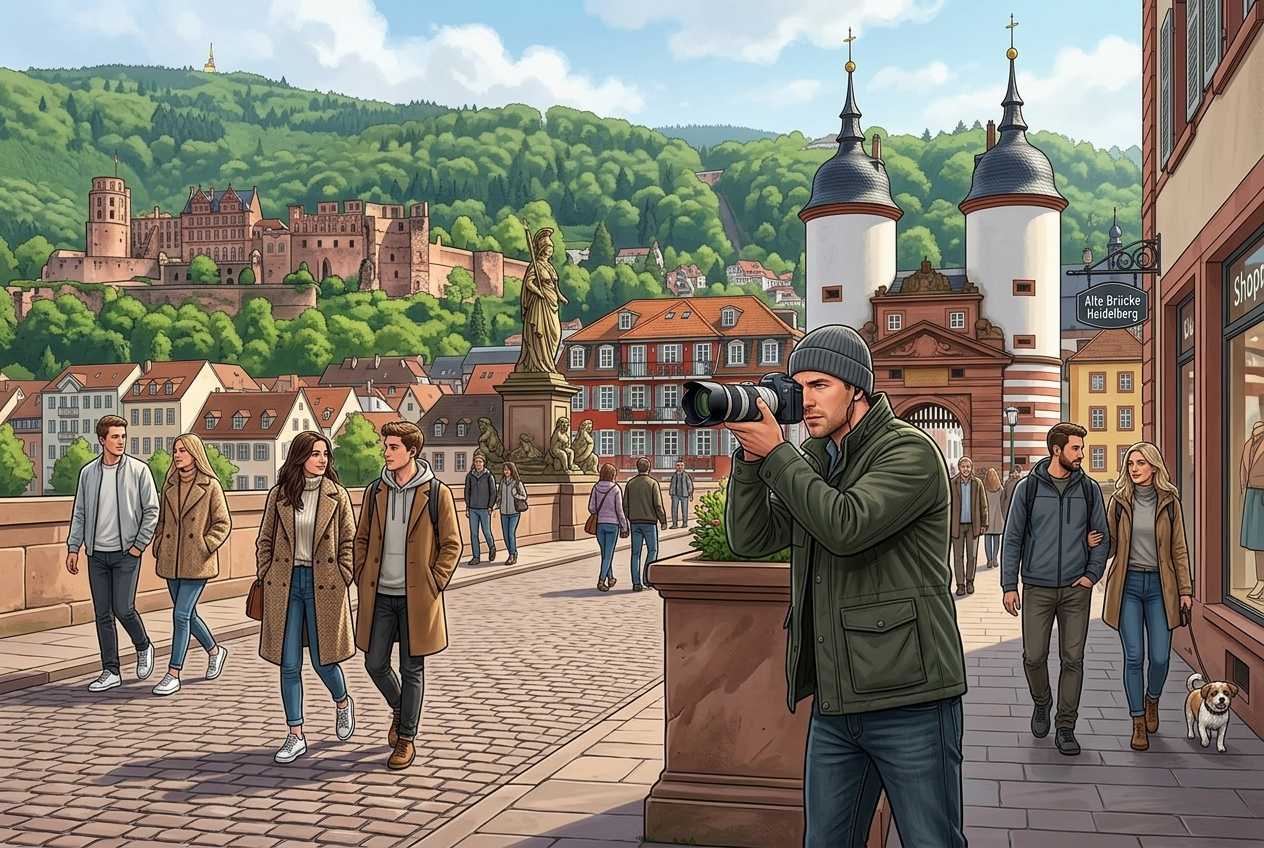 Illustrierter Detektiv mit Kamera in Heidelberg; Detektiv Heidelberg, Detektei Heidelberg, Privatdetektiv Heidelberg, Privatdetektei Heidelberg
