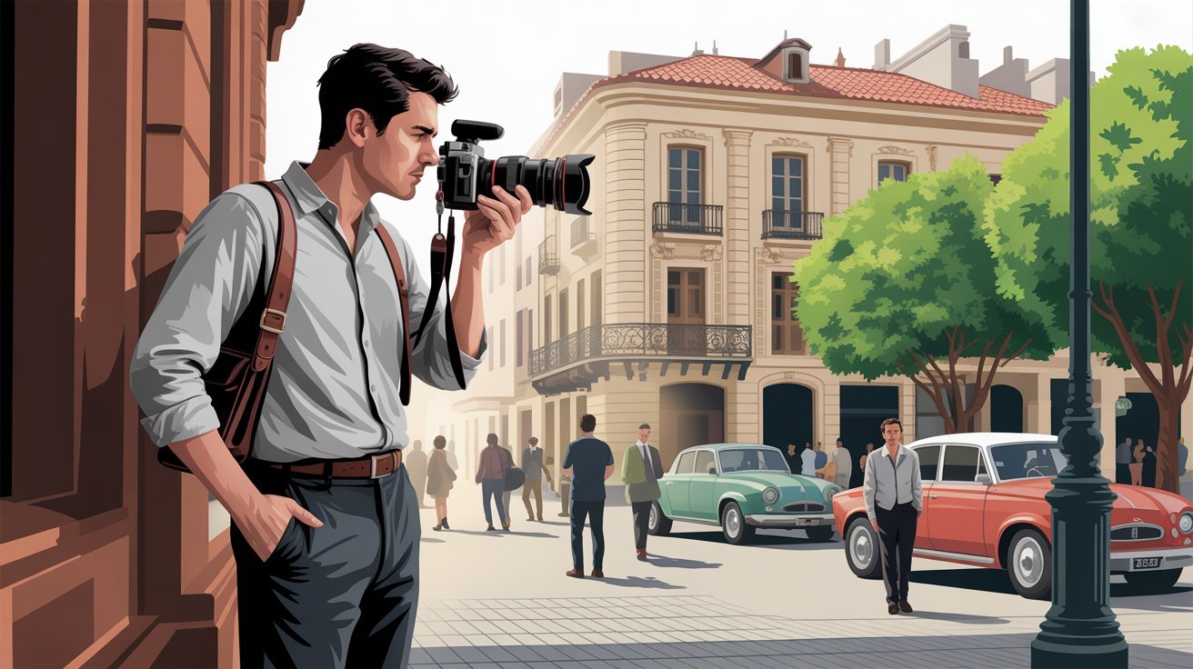 Comic-Detektiv mit Kamera in Montevideo, Uruguay; Detektiv Uruguay, Detektei Uruguay, Privatdetektiv Uruguay, Privatdetektei Uruguay