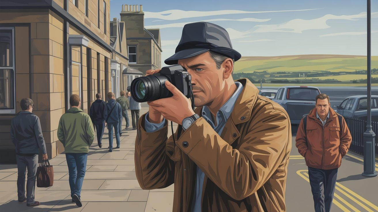 illustrierte Szene eines Privatdetektivs mit Kamera in Oban (Schottland, UK); Detektiv Oban (Schottland, UK), Detektei Oban (Schottland, UK), Privatdetektiv Oban (Schottland, UK), Privatdetektei Oban (Schottland, UK)