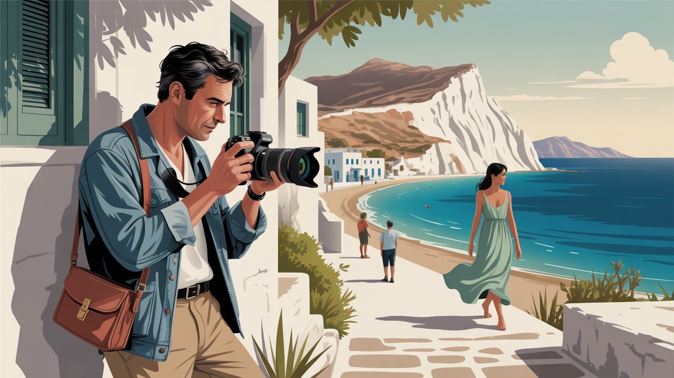 illustrierter Detektiv mit Kamera auf Milos, Griechenland; Detektiv Milos, Griechenland, Detektei Milos, Griechenland, Privatdetektiv Milos, Griechenland, Privatdetektei Milos, Griechenland