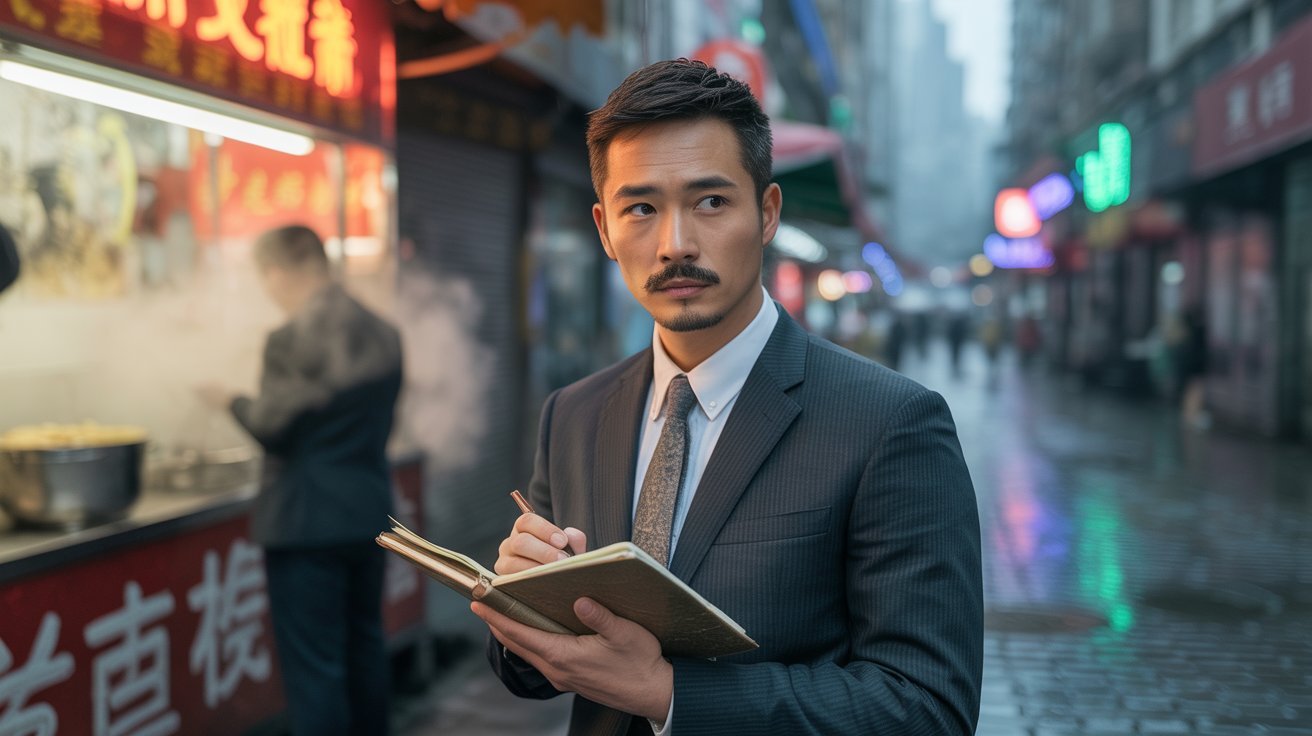 junger Privatdetektiv mit Notizbuch in chinesischer Innenstadt; Detektei China, Detektiv China, Privatdetektiv China, Privatermittler China