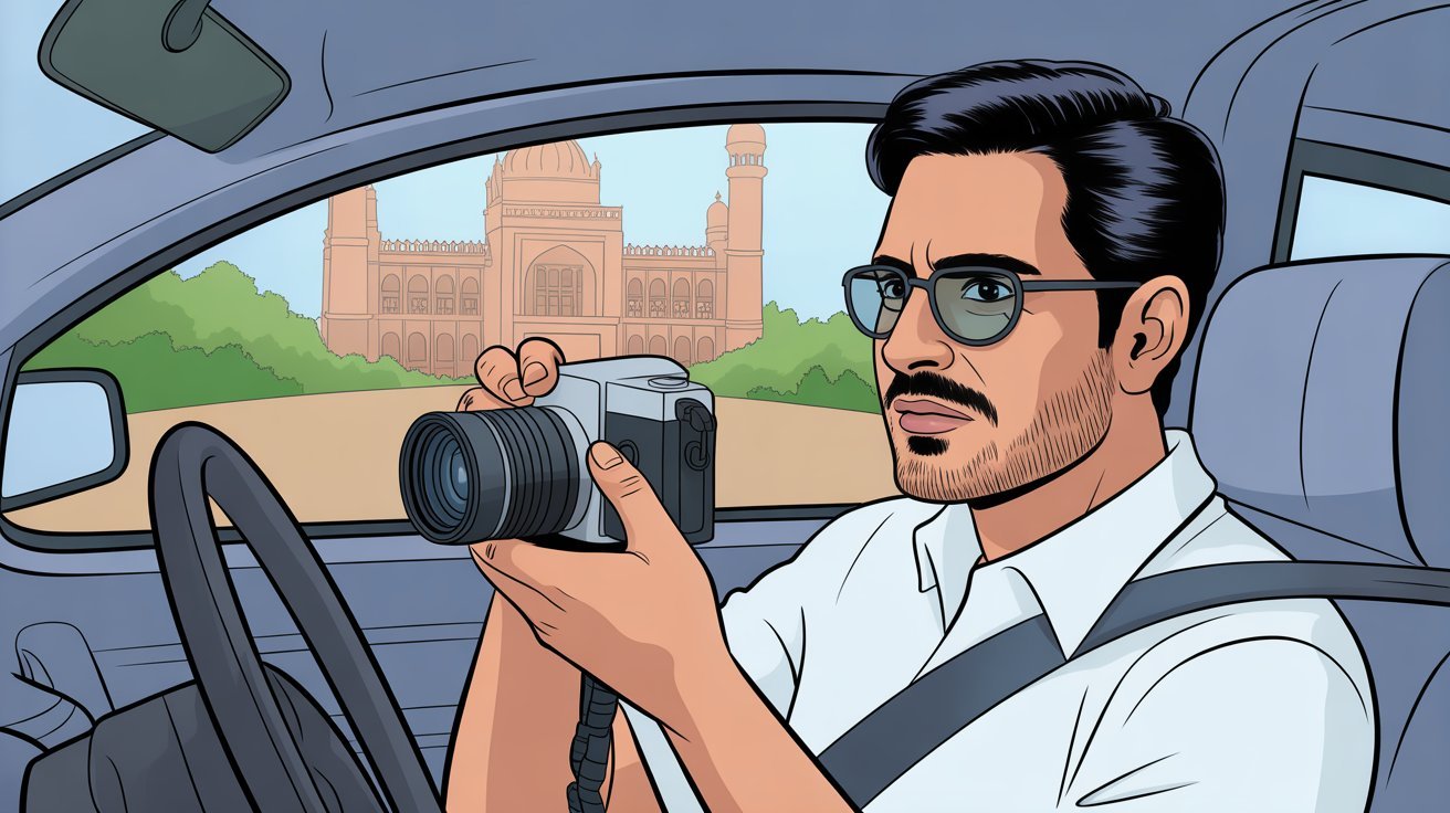 Comic-Detektiv mit Kamera in Auto in Indien; Detektiv Indien, Detektei Indien, Privatdetektiv Indien, Privatdetektei Indien