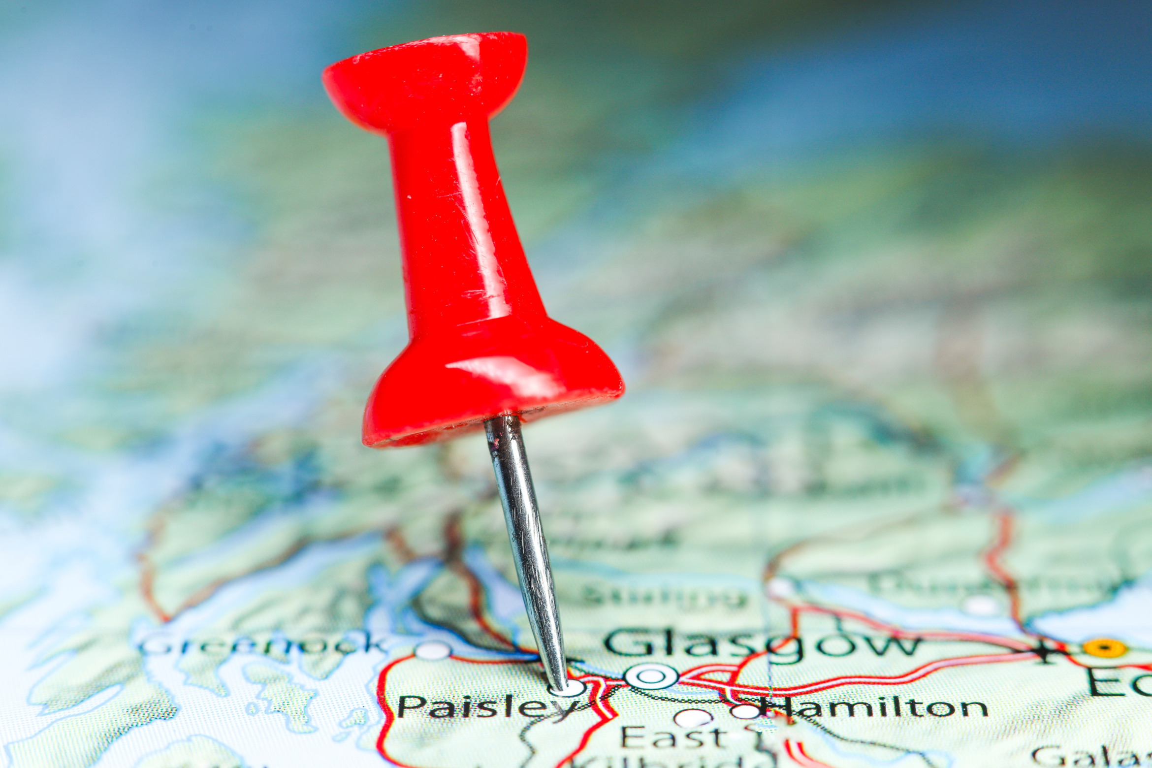 Schottlandkarte mit Pin auf Paisley; Detektivagentur Paisley (Schottland, Großbritannien), Privatermittler Paisley (Schottland, Großbritannien), Wirtschaftsdetektei Paisley (Schottland, Großbritannien), Detektiv-Team Paisley (Schottland, Großbritannien)