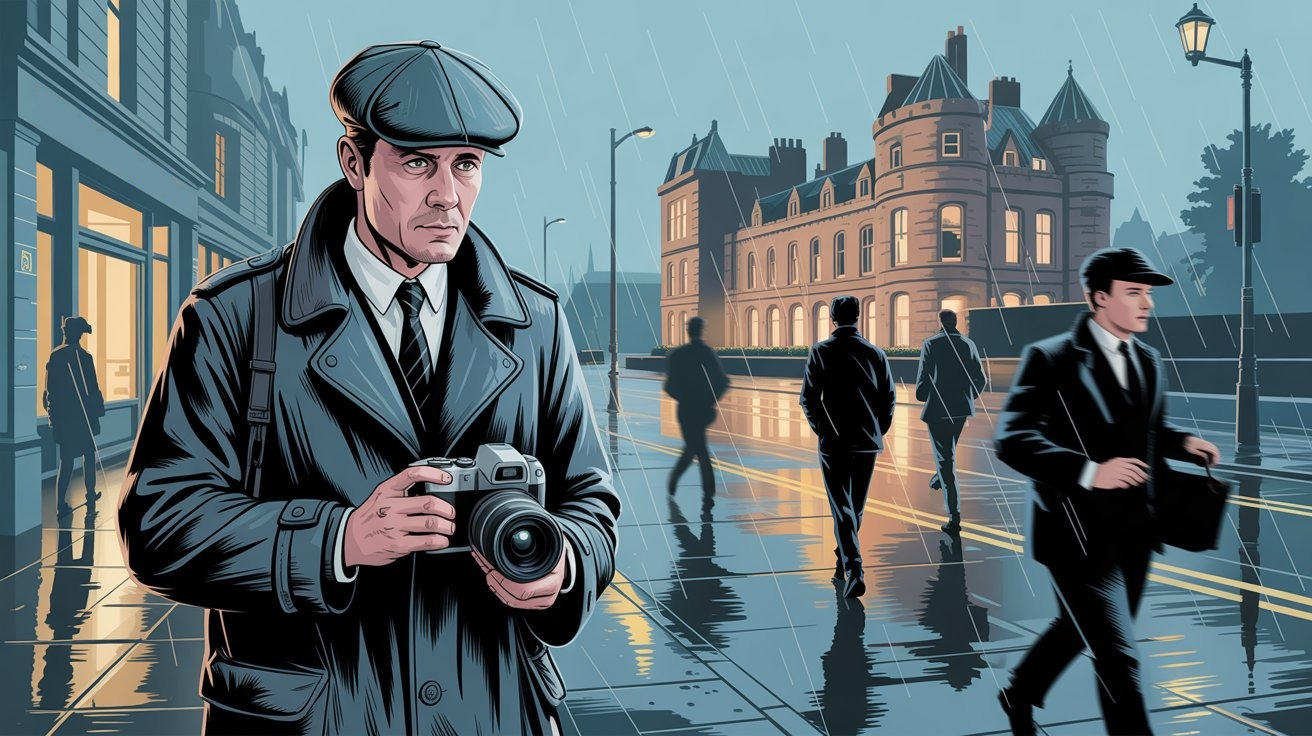 illustrierte Szene eines Privatdetektivs mit Kamera in Fort William (Schottland, UK); Detektiv Fort William (Schottland, UK), Detektei  Fort William (Schottland, UK), Privatdetektiv Fort William (Schottland, UK), Privatdetektei Fort William (Schottland, UK)