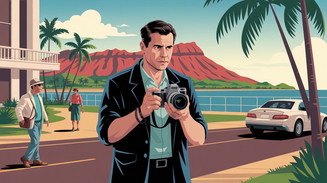 Comic-style detective with camera in Hawaii; detective Hawaii, detective agency Hawaii, private investigator Hawaii, private detective agency Hawaii