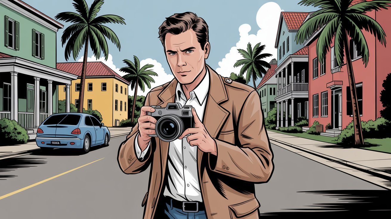 Comic-Detektiv mit Kamera auf den Cayman Islands; Detektiv Cayman Islands, Detektei Cayman Islands, Privatdetektiv Cayman Islands, Privatdetektei Cayman Islands