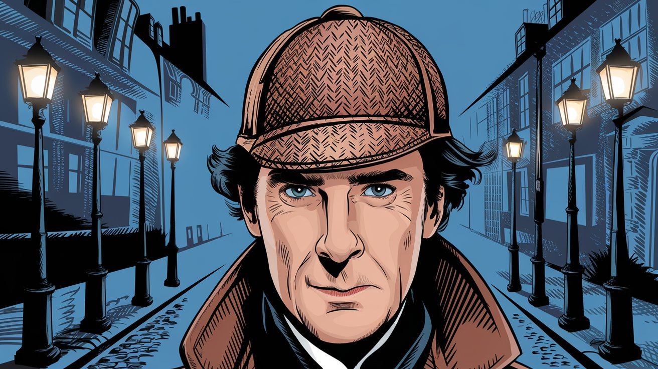 Sherlock Holmes in laternenbeleuchteter Straße; Detektei in England, Detektiv in Großbritannien, Privatdetektiv in Schottland, Detektivagentur im Vereinigten Königreich