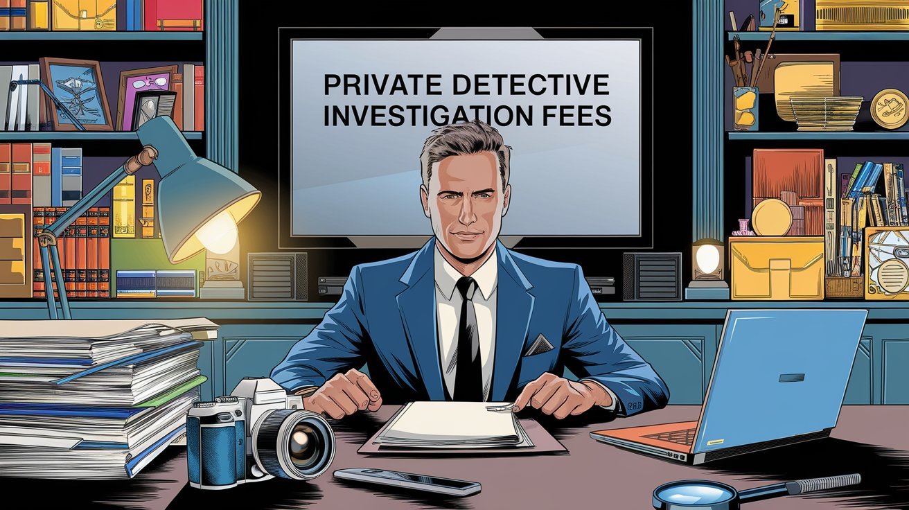 comic style detective sitting in front of screen saying "private detective investigation fees"; private investigation fees Frankfurt Germany, private investigator fees Frankfurt Germany, investigation costs Frankfurt Germany