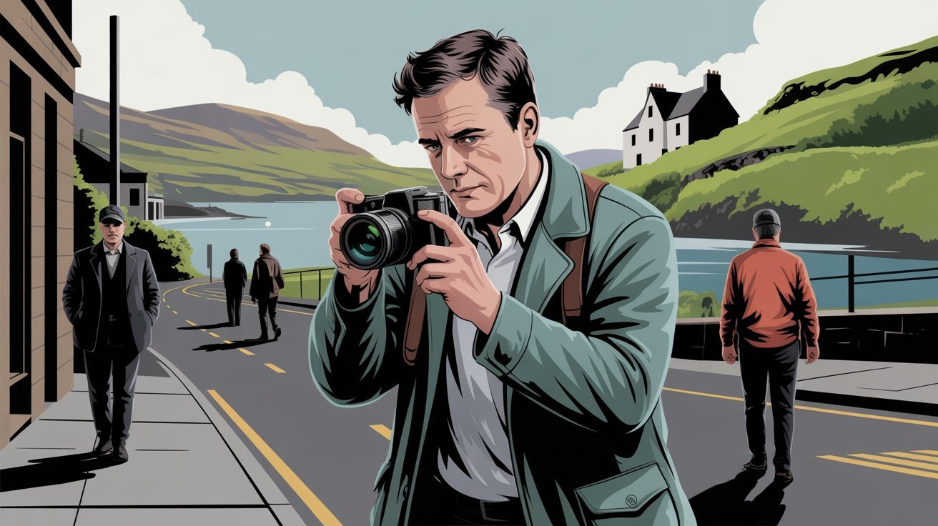 illustrierte Szene eines Privatdetektivs mit Kamera auf der Isle of Bute (Schottland, Vereinigtes Königreich); Detektiv Isle of Bute (Schottland, Vereinigtes Königreich), Detektei Isle of Bute (Schottland, Vereinigtes Königreich), Privatdetektiv Isle of Bute (Schottland, Vereinigtes Königreich), Privatdetektei Isle of Bute (Schottland, Vereinigtes Königreich)