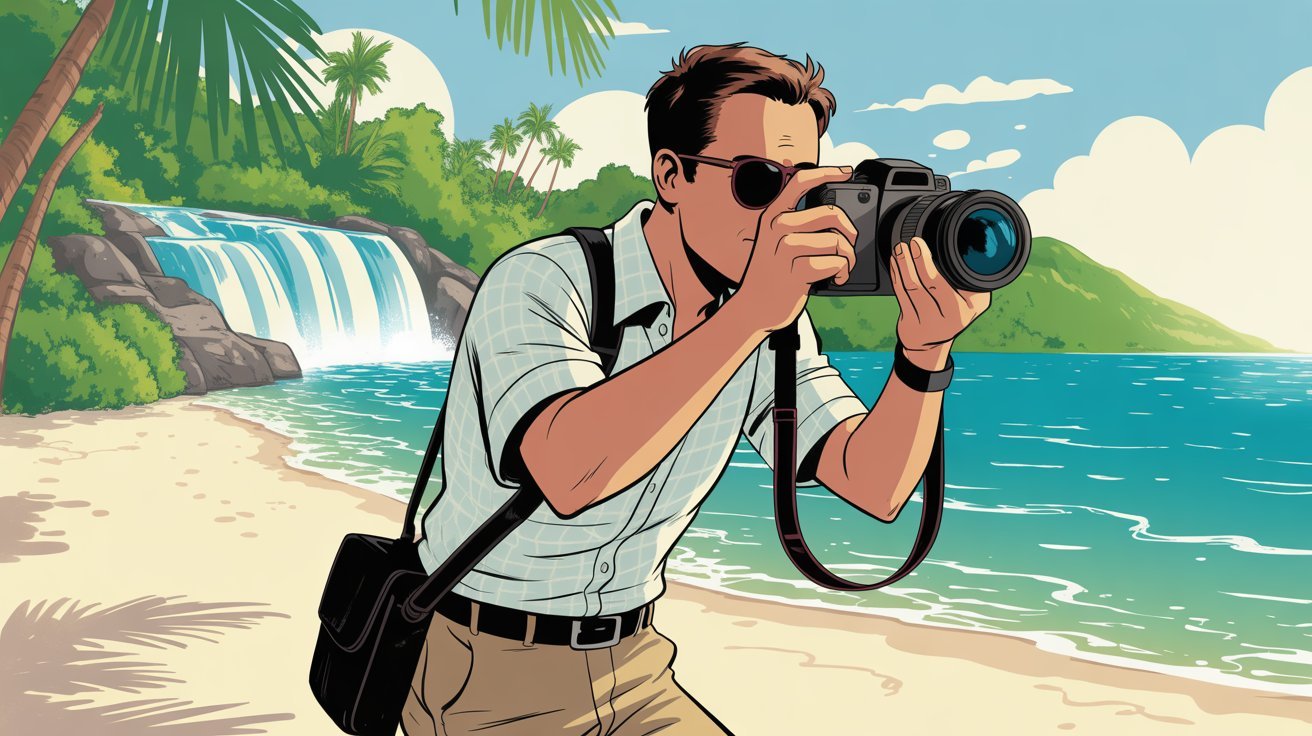 Comic-Detektiv mit Kamera am Strand in Jamaika; Detektiv Jamaika, Detektei Jamaika, Privatdetektiv Jamaika, Privatdetektei Jamaika