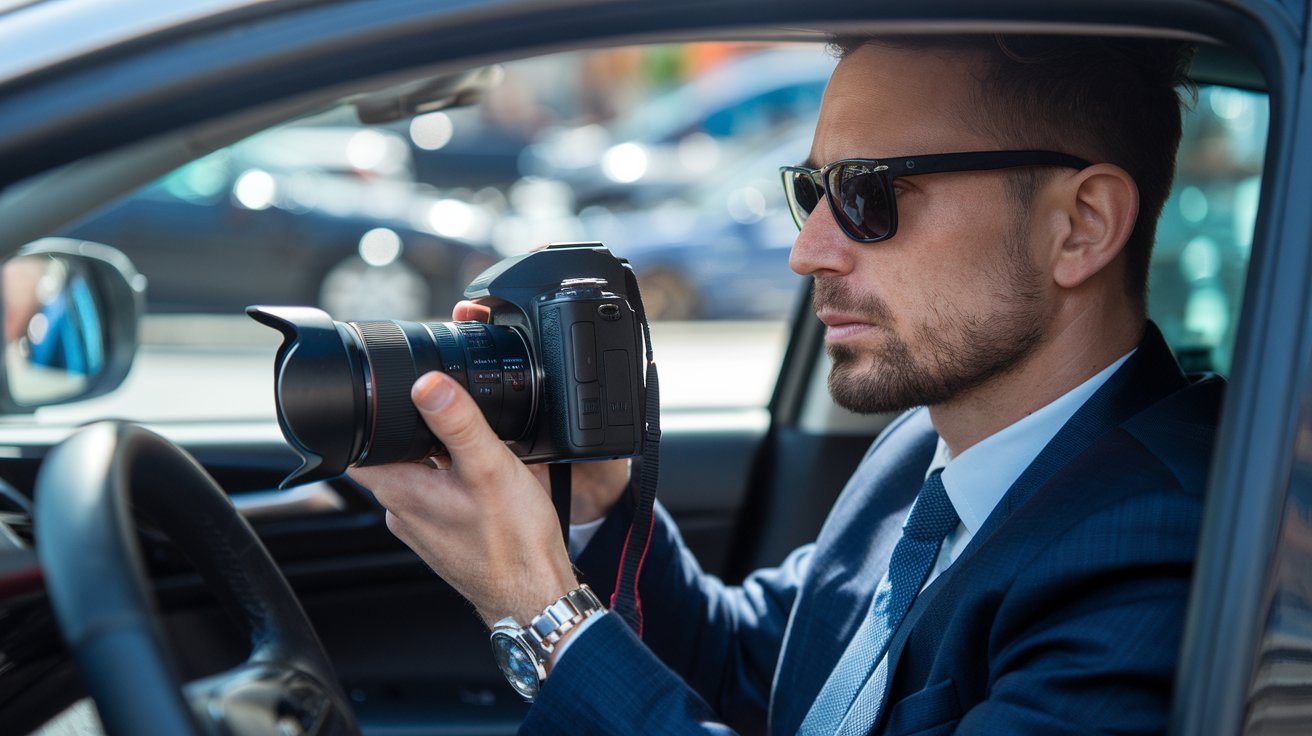 Detektiv mit Sonnenbrille und Kamera in Auto; Angestelltenobservation durch Privatdetektiv, Frankfurt Detektivagentur, Frankfurt Wirtschaftsdetektiv