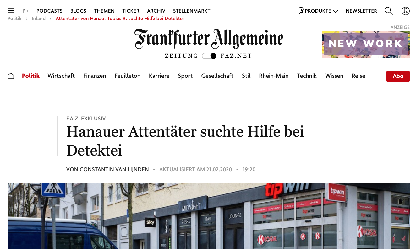 Hanau-Attentat; Detektei Kurtz, Kurtz Detektei Frankfurt, Tobias R., Privatdetektiv Frankfurt am Main